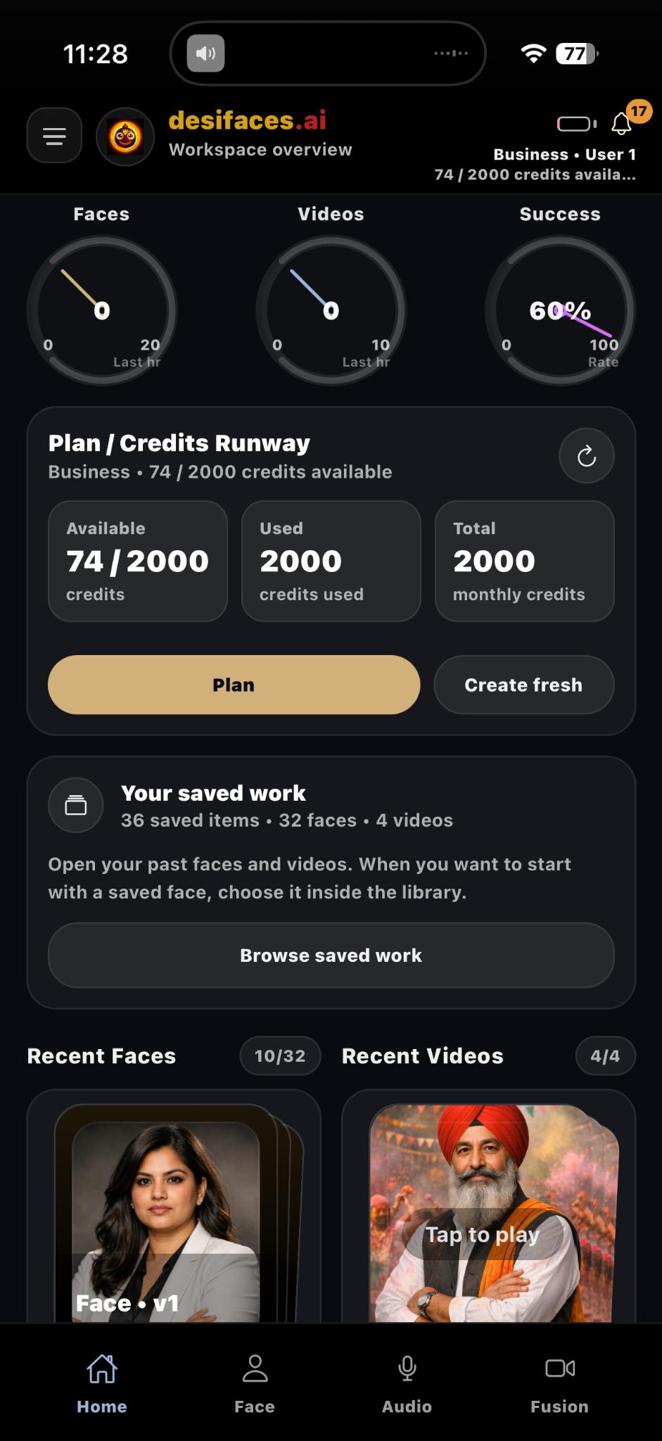 desifaces.ai workspace overview dashboard screenshot